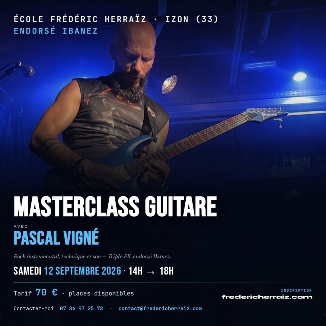 Affiche de la masterclass guitare avec Pascal Vigné, samedi 12 septembre 2026, École Frédéric Herraïz à Izon (33)